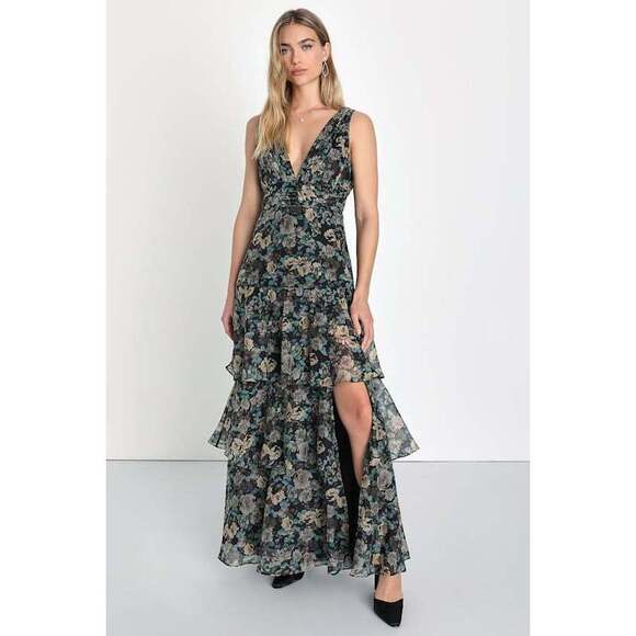 NWT Lulus Sweeping Sensation Black Floral Print Organza Pleated Maxi Dress - Picture 1 of 3
